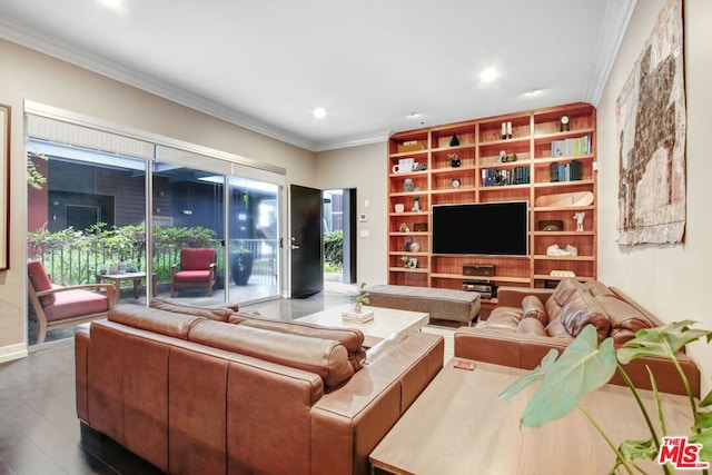 living room featuring crown molding and hardwood / wood-style floors