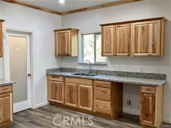 kitchen featuring sink, dark hardwood / wood-style flooring, and crown molding