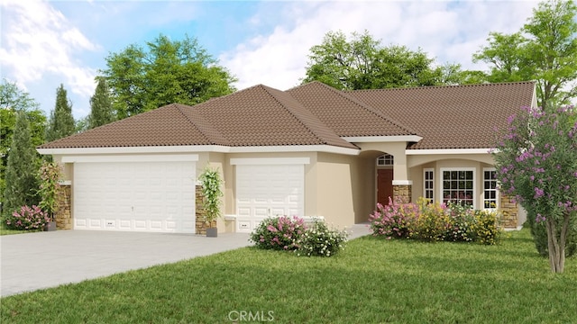 mediterranean / spanish-style home featuring a front lawn and a garage