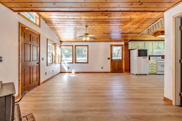 interior space with wooden ceiling, vaulted ceiling with beams, light hardwood / wood-style floors, and ceiling fan