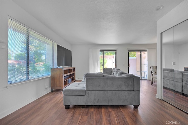 living room with a textured ceiling, dark wood-type flooring, and a healthy amount of sunlight