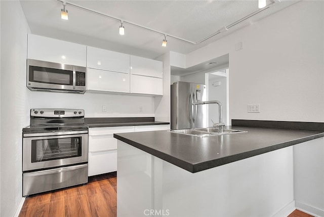 kitchen with dark hardwood / wood-style floors, sink, white cabinetry, kitchen peninsula, and stainless steel appliances