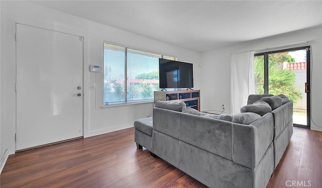 living room featuring a wealth of natural light and dark wood-type flooring