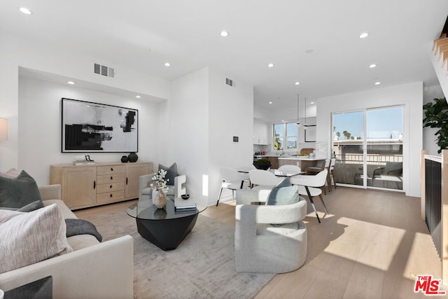 living room with light hardwood / wood-style flooring