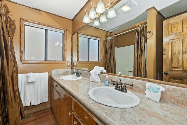 bathroom featuring hardwood / wood-style floors and vanity