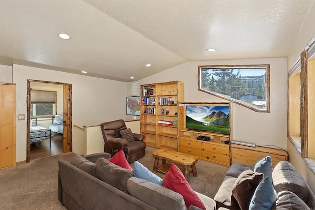 living room featuring carpet flooring, a textured ceiling, and lofted ceiling