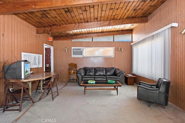 living room with wooden ceiling, carpet, wooden walls, and vaulted ceiling with beams