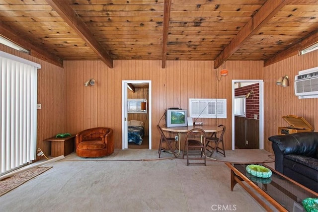 interior space featuring an AC wall unit, wood ceiling, wood walls, and beamed ceiling