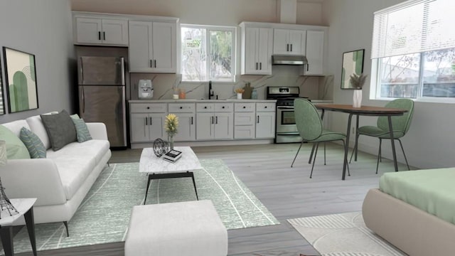 kitchen with white cabinets, backsplash, and stainless steel appliances