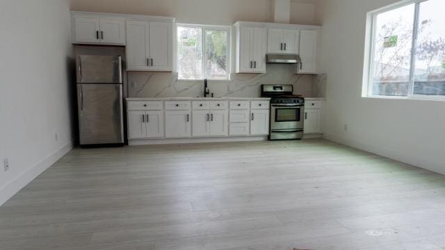 kitchen with stainless steel appliances, backsplash, and white cabinets