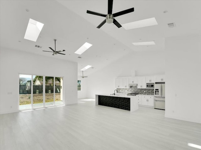 unfurnished living room featuring high vaulted ceiling, ceiling fan, sink, and light hardwood / wood-style floors