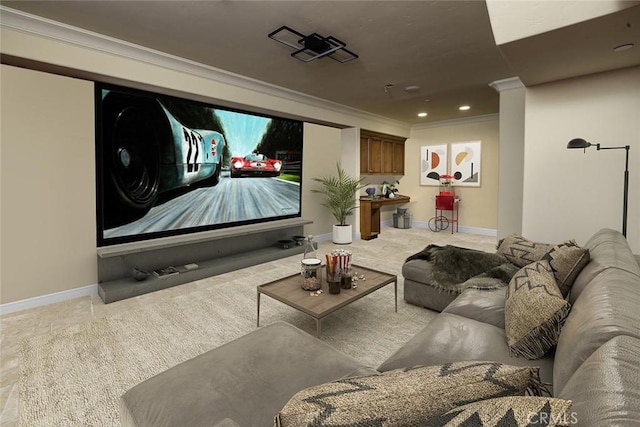 home theater room featuring light colored carpet and ornamental molding