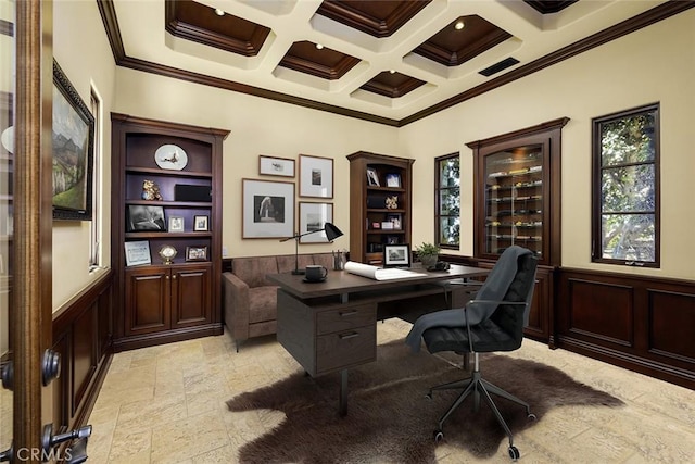 office space with coffered ceiling, crown molding, and beamed ceiling