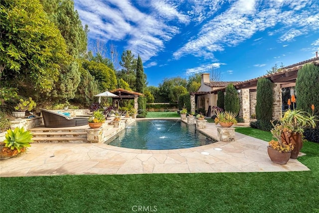 view of swimming pool featuring a patio and a lawn