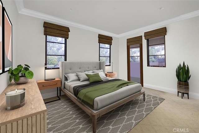 carpeted bedroom with ornamental molding and multiple windows