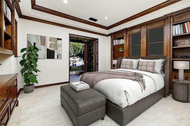 bedroom featuring ornamental molding, access to exterior, and a raised ceiling