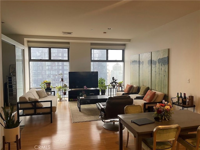 living room with expansive windows, plenty of natural light, and light hardwood / wood-style flooring