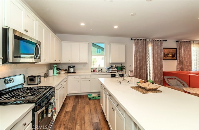 kitchen with white cabinetry, appliances with stainless steel finishes, and dark hardwood / wood-style floors