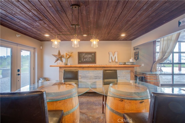 bar with wood ceiling, french doors, carpet flooring, and pendant lighting