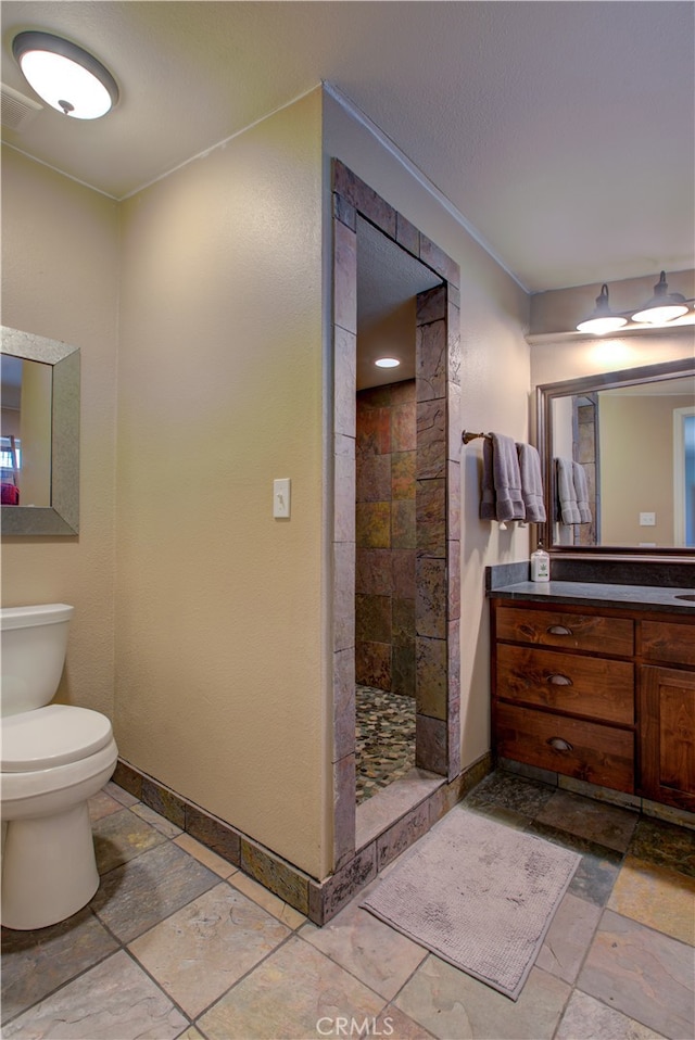 bathroom with vanity, a tile shower, and toilet