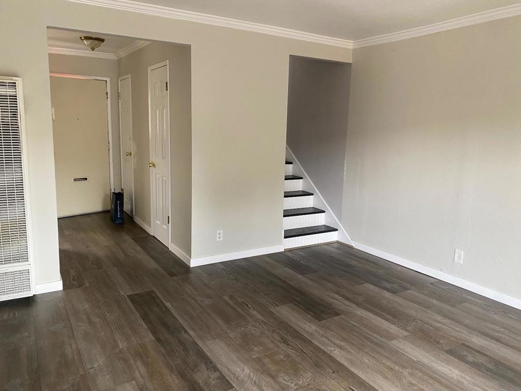 spare room with crown molding and dark hardwood / wood-style flooring