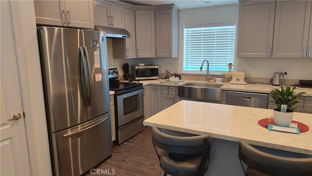 kitchen featuring light stone counters, dark wood-type flooring, sink, gray cabinets, and stainless steel appliances