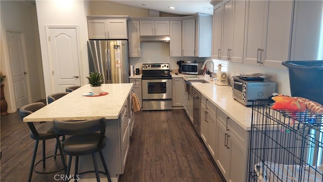 kitchen featuring appliances with stainless steel finishes, lofted ceiling, gray cabinets, dark wood-type flooring, and light stone counters