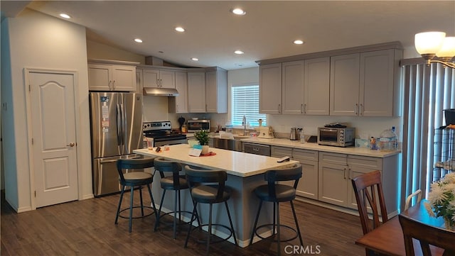 kitchen with gray cabinets, dark hardwood / wood-style floors, stainless steel appliances, and a kitchen island