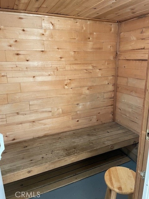 view of sauna with wood ceiling