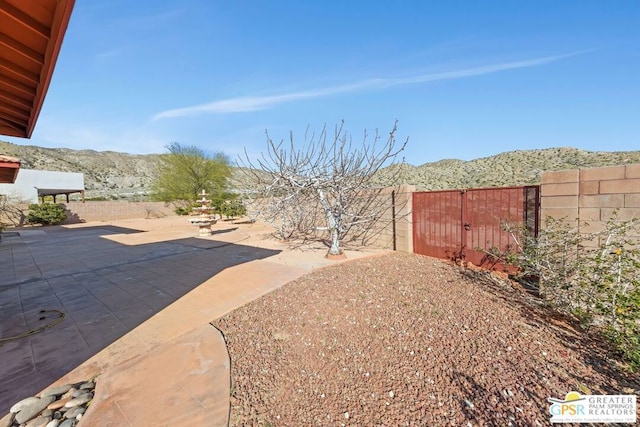 view of yard featuring a mountain view and a patio