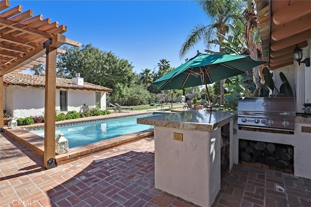 view of swimming pool featuring a pergola, a patio area, area for grilling, grilling area, and a bar