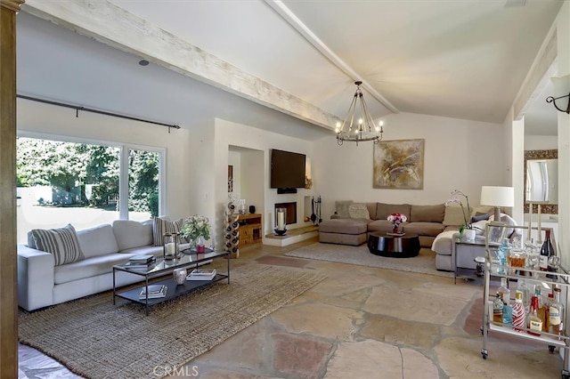 living room featuring a notable chandelier and vaulted ceiling with beams