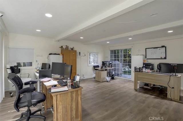 office area featuring wood-type flooring and beam ceiling