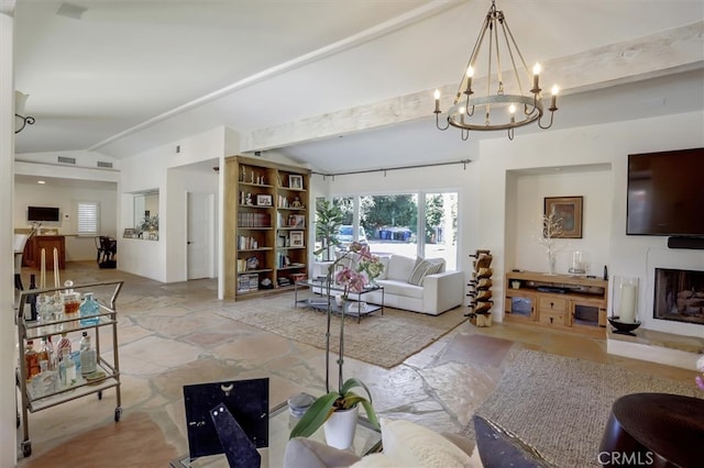 living room with vaulted ceiling with beams and a notable chandelier