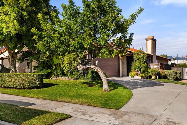 obstructed view of property with a front lawn and a garage