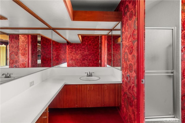 1470 Laurel Way, Beverly Hills, CA 90210 - bathroom with vanity, a stall shower, and wallpapered walls