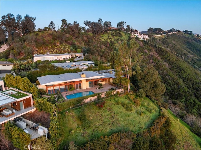 1470 Laurel Way, Beverly Hills, CA 90210 - view from above of property with a pool and a heavily wooded area