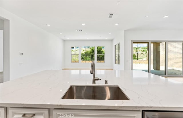 kitchen featuring light stone countertops, plenty of natural light, stainless steel dishwasher, and sink