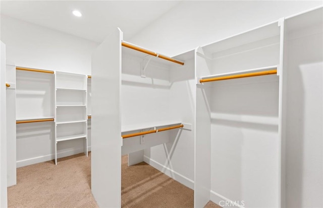 walk in closet with light colored carpet