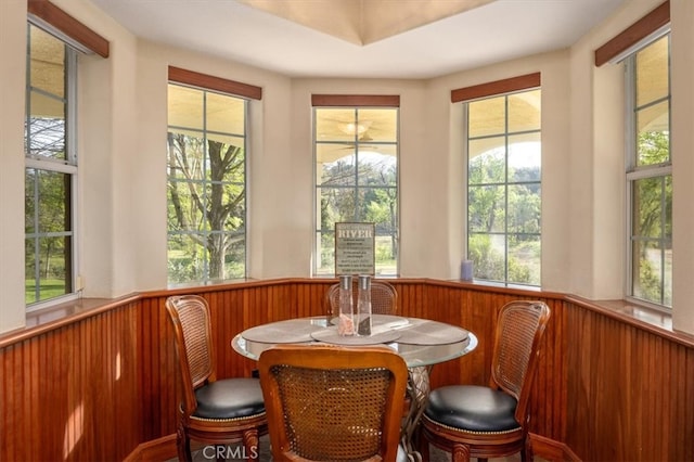 dining space with wooden walls