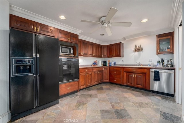 kitchen featuring black appliances, crown molding, sink, and ceiling fan