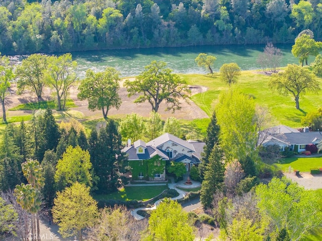 aerial view featuring a water view