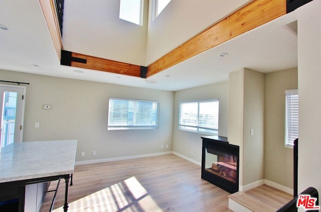 living room featuring light hardwood / wood-style floors and a multi sided fireplace