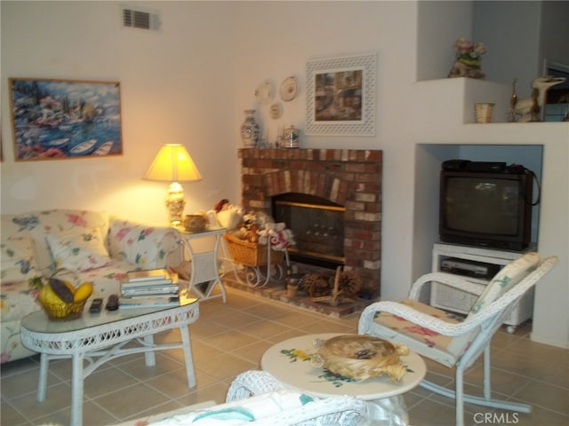 1647 Shire Ave, Oceanside, CA 92057 - living room with a brick fireplace and tile patterned floors