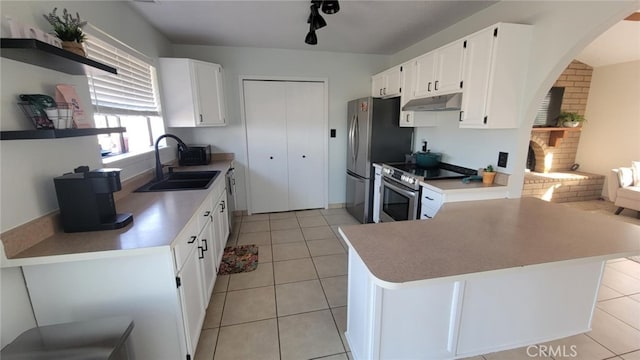 kitchen featuring appliances with stainless steel finishes, white cabinetry, sink, kitchen peninsula, and light tile patterned floors