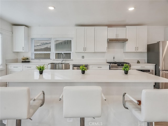 143 N Hobart Blvd, Los Angeles, CA 90004 - kitchen featuring a kitchen island, a kitchen breakfast bar, appliances with stainless steel finishes, white cabinetry, and sink