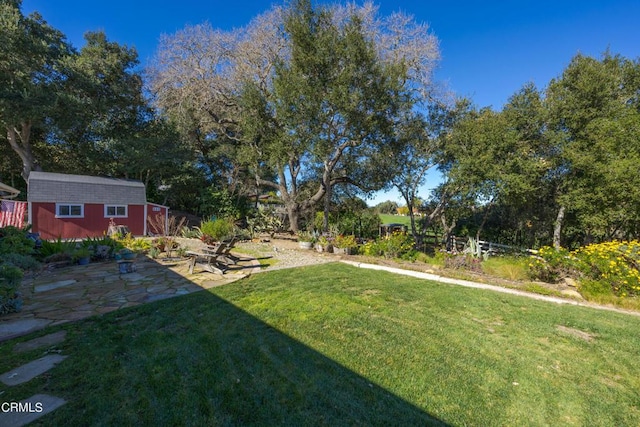 view of yard featuring an outdoor structure, a patio area, and a storage shed