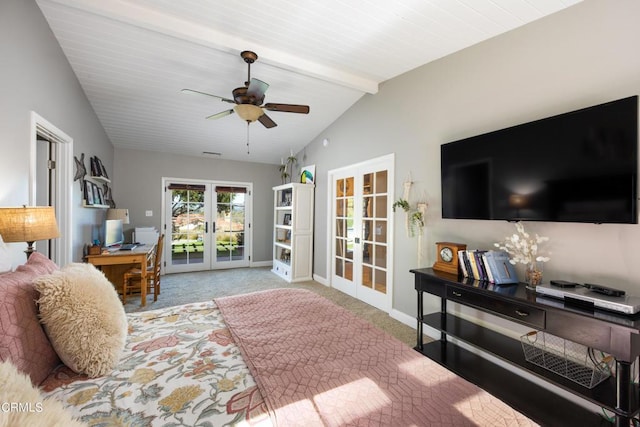 bedroom with carpet, baseboards, access to outside, vaulted ceiling with beams, and french doors
