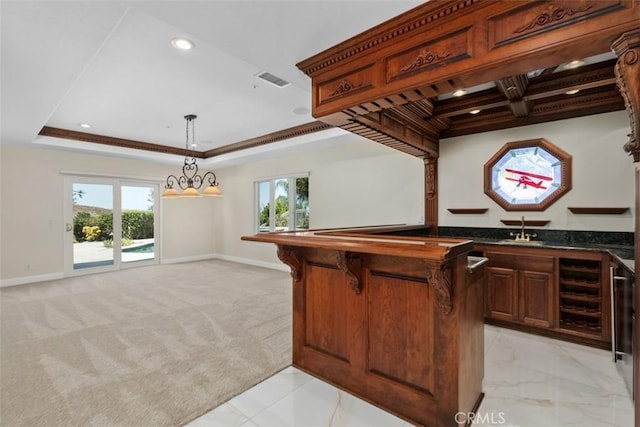 bar featuring sink, coffered ceiling, a raised ceiling, light colored carpet, and pendant lighting