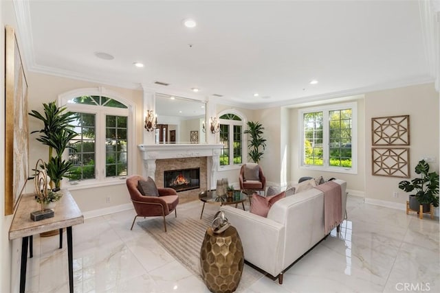 living room featuring ornamental molding and a premium fireplace